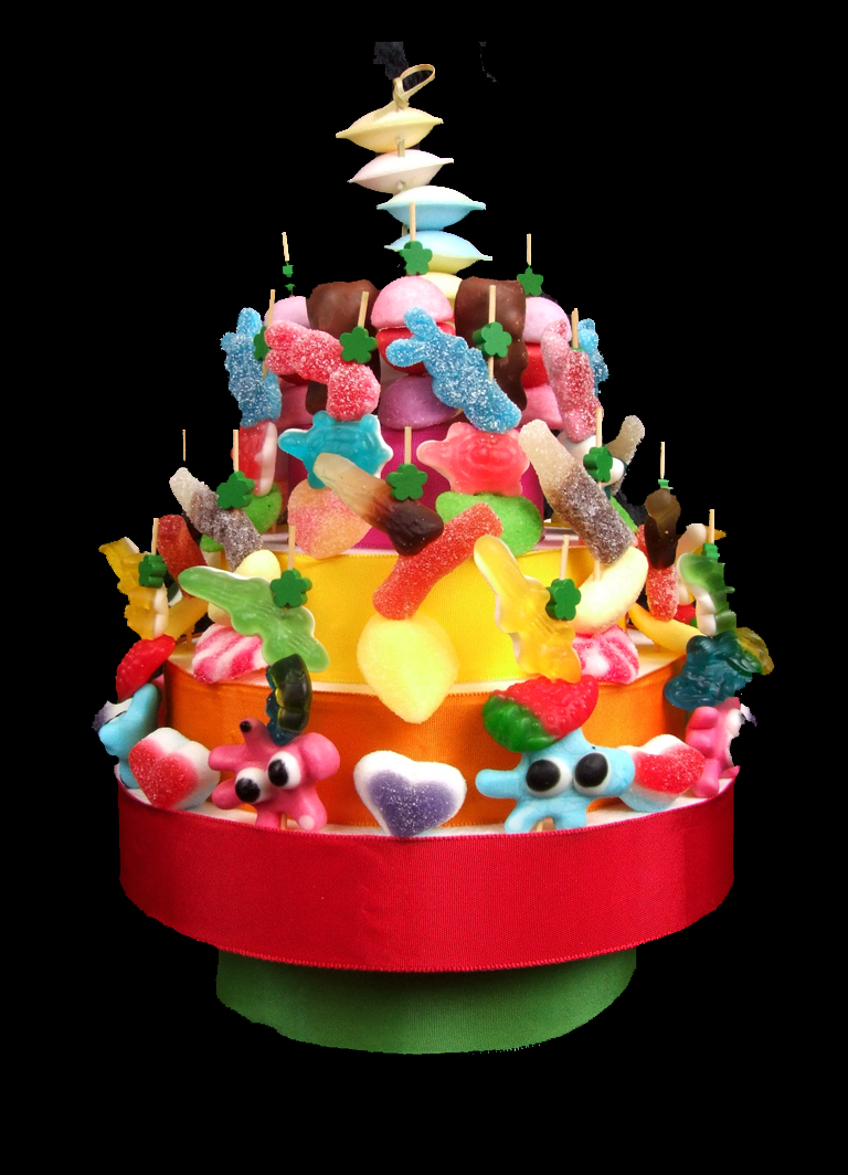 Un gâteau d'anniversaire aux bonbons, des brochettes de moules